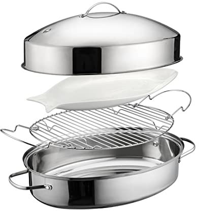 CTCOIJRN Teglia for arrosti, ellittica, Ovale, in Acciaio Inox, for Pesce, Set di pentole for Cottura a Vapore, Compatibile con induzione, Multiuso, for Pollo, Agnello, Verdure(Regular)