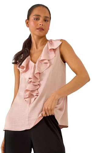 Roman Originals Women Frill Front Vest Top Ladies Ruffle Blouse Summer Spring Special Occasion Evening Holiday Cruise Cocktail Party Short Long Sleeve Sleeveless V-Neck - Rose - Size 12
