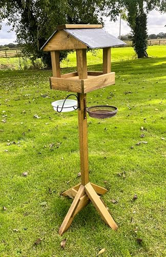 Wooden Wild Bird Table Feeding Station Water Dish and Mesh Feeder Slate Roof Heavy Duty