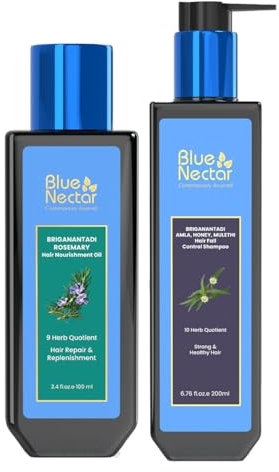 Blue Nectar Anti-Hair Fall Shampoo with Amla, Honey, and Mulethi (200 ml) Paired with Rosemary Oil for Hair Growth with Bhringraj Oil for Hair | Natural Alternate for Redensyl (100ml)