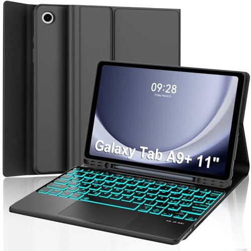 SENGBIRCH Cover con Tastiera per Samsung Galaxy Tab A9 Plus 11 inch, 7 Colori Retroilluminati Italiano Rimovibile Tastiera con Trackpad per Samsung Tab A9 Plus 11, Nero