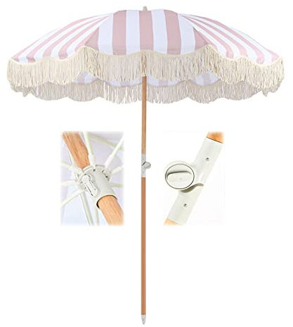 OOMRNV Parasol De Jardin Rayé 2 M, Parasol À Franges Vintage, Parasol De Jardin, Parasol De Vacances, Parasol De Plage Inclinable, 8 Baleines, Mât en Bois, Protectio
