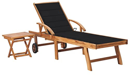 HaoChrymec Sonnenliege mit Tisch und Auflage aus Massivholz Teak, Verstellbare Rückenlehne und Fußteil, Outdoor Liege für Terrasse und Garten, Strand Liege, Leichte Sonnenliege, Schwarz, 195 x 59.5 cm