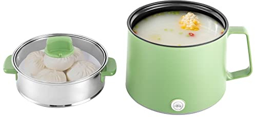 1.7L Electric Hot Pot, Double Layer Electric Cooker with Steamer, Portable Multifunctional Noodle Pot, Mini Travel Hot Pot for Soup Pasta Vegetables, Boil Dry Protection UK Plug (Green)