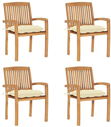 PUGYNBK Stapelbare Gartenstühle mit Kissen 4 STK. Massivholz Teak - Esszimmerstühle Set aus Teakholz für Terrasse, Balkon, Innenbereich, belastbar bis 110 kg pro Sitzplatz