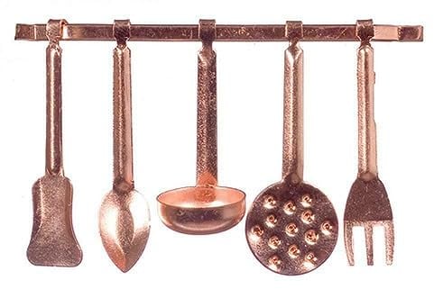 Accesorio de Cocina Miniatura Casa de Muñecas Cobre Colgante Utensilios y Estante 5055