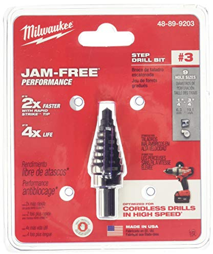 Milwaukee Electric Tool 48-89-9203 Step Drill Bit, 1/4-3/4 Hole, 3, 9 Hole Steps, 1/16 D Step, 2 Flutes, 3/8 3-Flat Shank