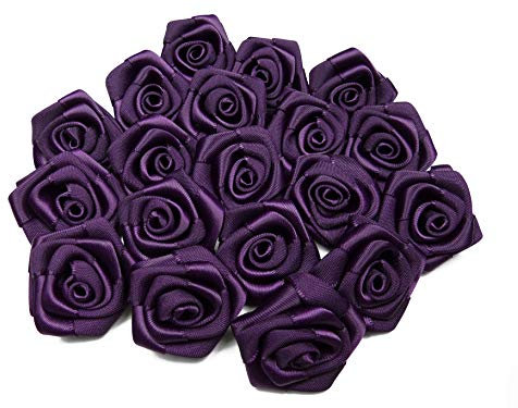 Rosen 3 cm x 10 Stück Satinrosen Aufnäher Deko Blumen Röschen zum Basteln Hochzeit kleine Rosenköpfe Farbe: Dunkel Pflaume 285