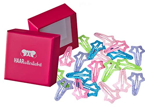 Haarallerliebst Haarspangen klein für Kinder – 20 Stück Stern förmig bunt pastell mit Glitzer (5 cm) inkl. Aufbewahrungsbox – Ideal für normales Haar
