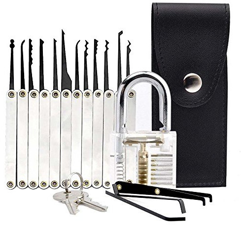 Bona Lockpicking Set 15-teiliges Professionelle Dietriche Kit Transparente Übungs-Vorhängeschlösser für Schlosserei