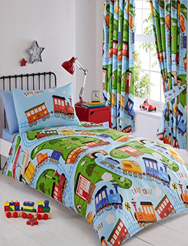 Kids Club Trains Fully Lined Pencil Pleat Headed Curtains, Polyester-Cotton, Multi-Colour, 182 x 167 cm