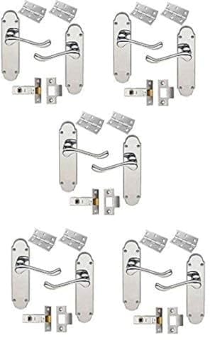 IRONZONE® 5 Sets of Premium Quality Shaped Lever Latch Door Handles Polished Chrome Hinges & Latch Pack Backplate Door Handles, Contemporary Design for Internal Wooden or Oak Doors