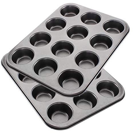 Tebery 2 Pack 12 Muffin Cake Pan Baking Tray, Pudding Baking Pan, Carbon Steel Muffin Cupcake Tin for Muffins, Cupcakes, Non Stick, Ø 6.3cm, 35.5x26.5x2.7cm, Black