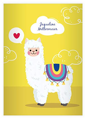 Kartenkaufrausch 2 personalisierte niedliche Comic Lama DIN A4 Schulhefte, Rechenhefte mit Herz, gelb Lineatur 26 (kariertes Heft 16 Blatt/32 Seiten) Notizheft, Kladde für Schule, Universität, Büro