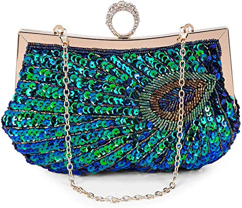 SYMALL Mujer Bolso de Fiesta Clutch Nupcial Cartera Boda Patrón Pavo Real Lentejuelas Cartera de Mano para Mujer Embrague Ceremonia Bolso de Noche Novia Retro, Verde