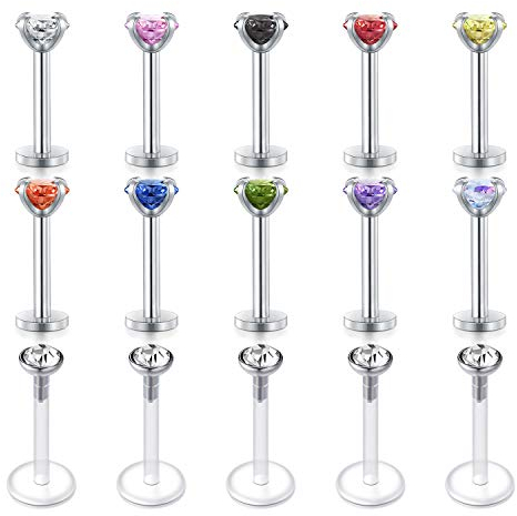 Rajnard 15er 16G 8mm Lippenpiercing Stecker Edelstahl & Bioflex mit Diamant Tragus Helix Ohrring Labret Studs Piercing Schmuck