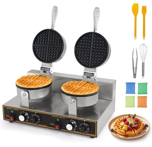 Dyna-Living Waffle Maker 2400W Double Waffle Iron Maker Restaurant Non-stick Round Waffle Machine Commercial Waffle Maker Large Waffle Machine for Hotel, Thicken Stainless Steel