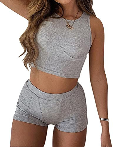 Minetom Damen Sportanzug Trainingsanzug Jogginganzug 2-teiliges Set Weste und Shorts Kurze Hose Elastizität Fitness Yoga Outfits B Grau XS