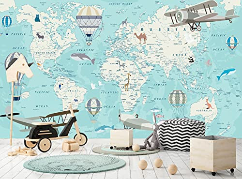 Carte du monde avec animaux - Papier peint mural pour enfants - Planes et ballons - Géant - Océan - 366 x 254 cm - Décoration murale - Poster géant en papier pour enfants