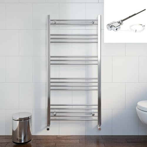 DuraTherm® 1200 x 600mm Flat Straight Heated Towel Rail Radiator Dual Fuel Bathroom Warmer Wall Mounted Ladder Rad Chrome Thermostatic, 300W