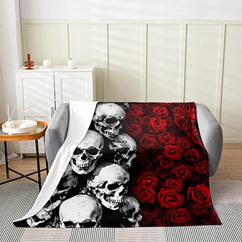 Gotische Totenkopf-Fleecedecke für Kinder Jungen Mädchen romantische rote Rose Überwurf Valentinstag Wohnzimmer Dekoration Totenkopf Flanelldecke Skelett Knochen Blume Plüschdecke, 100 x 130