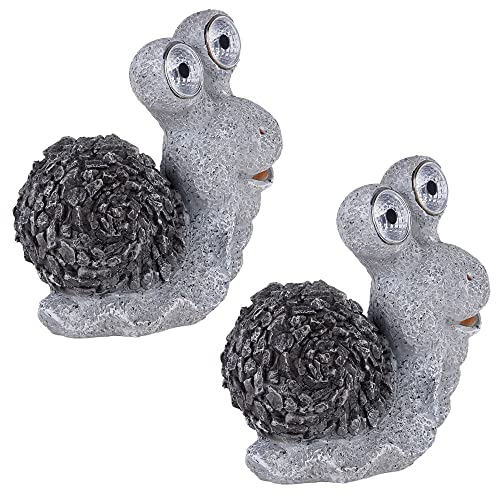 etc-shop Solar Gartenskulptur für Außen Gartendeko Schnecke Figur Skulptur grau Akku, Kunststoff, 2x LED 3000K, LxBxH 19,5x10,5x20 cm, 2er Set