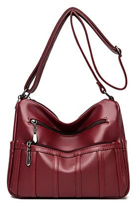 NICOLE & DORIS Damen Schultertasche Vintage Umhängetasche Multi-Pocket Shopper Tasche Crossbody Bag Damen Mode Reisetasche Reißverschluss Handtasche Weinrot