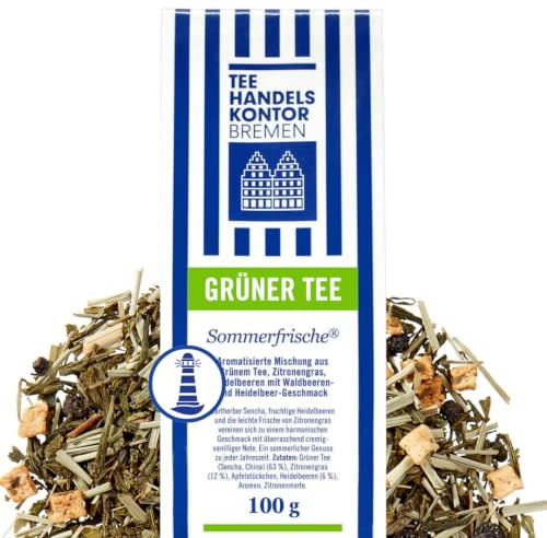Hochwertiger Grüner Tee lose Sommerfrische® 100 g fruchtig Zitronengras | Zartherber Sencha mit fruchtigen Heidelbeeren, Erfrischendes Zitronengras, Cremig-vanillige Note, Harmonischer Sommergenuss