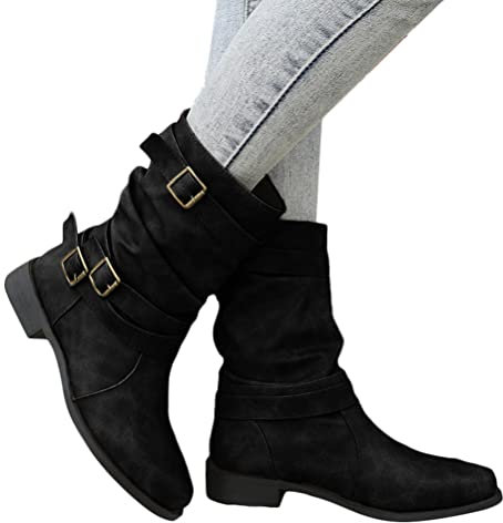 Onsoyours Damen Stiefel Mit Blockabsatz Kurzschaft Ankle Boots Cowboystiefel Schlupfstiefel Outdoor Stiefel Flache Absätze Halbhohe Vintage Biker Boots Stiefeletten A Schwarz 43 EU