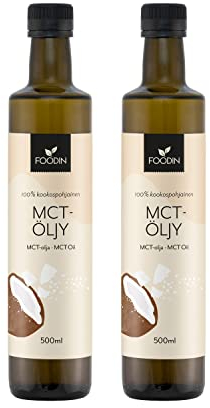 FOODIN Olio MCT 1000 ml (2 x 500 ml) in 100% olio di cocco, media chain trigliceridi (MCT), prodotto in cocco prodotto, 100% senza glutine e vegano, ideale per la dieta chetogenica