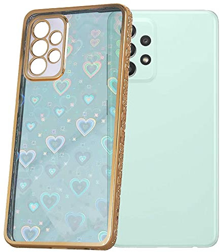 mtb more energy® Case Holo Heart kompatibel mit Samsung Galaxy A52 4G, A52 5G, A52s 5G - Rahmenfarbe Gold - mit bunt schimmernden Herz Hologrammen - Schutzhülle Hülle Cover Tasche