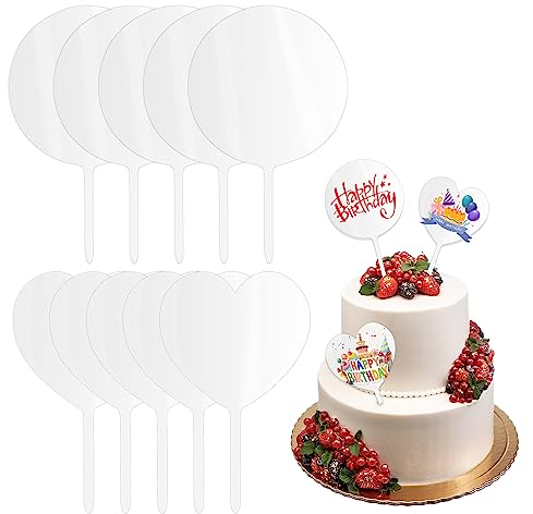 10 Stück Acryl Cake Topper, 10cm Cake Topper Acryl Blanko Acryl Kuchen Topper, Transparente Acryl-Kuchenaufsätze für Geburtstag Baby Party Hochzeit Kuchendeko (Rund, Herzförmig)