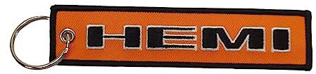 Detroit Shirt Company Dodge Hemi Logo bestickter Twill-Schlüsselanhänger 12,7 x 2,5 cm | Hemi-Logo vorne und hinten, orange / schwarz, 5 x 1