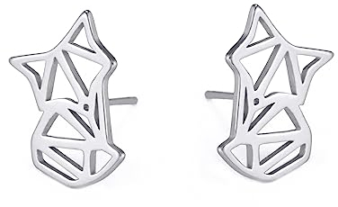Amaxer Niedliche Origami Fuchs Katze Tier Ohrringe für Frauen Geometrische Aushöhlen Edelstahl Schmuck Ohrstecker für Unisex Tierliebhaber, Edelstahl