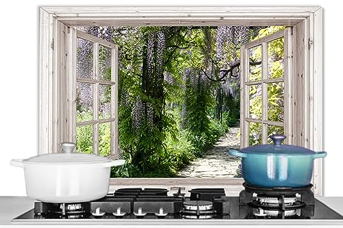 KitchenYeah© Spritzschutz Küchenrückwand Platte Küche Deko Aluminium Platte Spritzschutz Küchenwand WandverkleidungGlyzinie - Blumen - Durchsichtige - Baum - Frühling - 90x60 cm