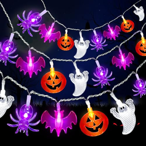 OUILA Halloween Deko Lichterkette, 7M/23FT 40 LED Halloween Lichterkette, 2 Modi Lichterkette Außen Halloween Deko Kürbis, Geister, Fledermaus Anhänger für Halloween Outdoor Indoor Deko Party Garten