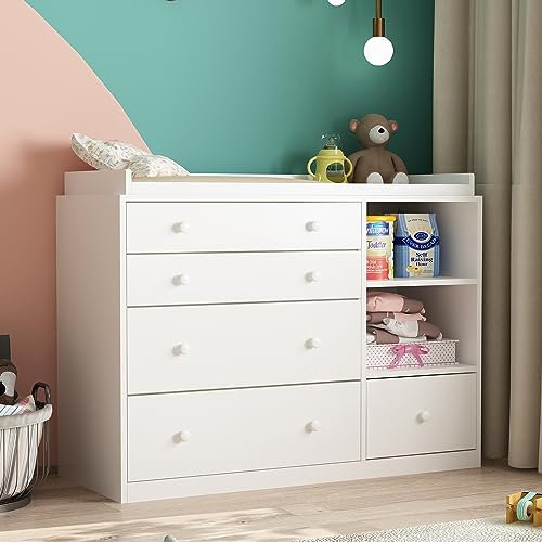 Fasciatoio, scaffale fasciatoio con 5 cassetti, cassettiera per bambini, cura del bambino, mobili per bambini, fasciatoi per cameretta, camera da letto, bianco, MDF