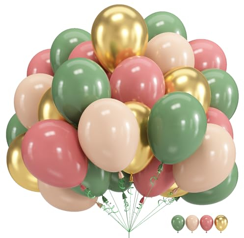 Palloncini verde salvia rosa, 60 confezioni da 30 cm, verde salvia e rosa polveroso oro metallizzato, palloncini verde oliva oro per ragazze, compleanni, giungla, safari, baby shower, decorazioni per