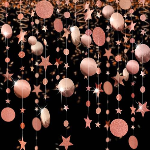 Rose Gold Star Garland 52ft Star Bunting Circle Garland Bunting Banner Decorations for Birthday Baby Shower Wedding Graduation Christmas Decorations