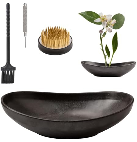 WANDIC Ikebana Schwarze Japanisch Vase, Blumenschale in Barrenform und 5 cm Blumenfrosch und Blumenigel Arrangement Tool für Blumenarrangements, Heimdekoration, Schwarz Gepunktet