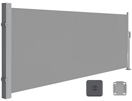 SONGMICS Seitenmarkise mit Stahl-Kasten, rostbeständig, ausziehbar, 140 x 300 cm, Windschutz, Sonnenschutz, blickdicht, Seitenrollo, für Balkon, Terrasse, Garten, hellgrau GSA143G01