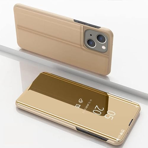 COTDINFOR Handyhülle für iPhone 15 Pro Max Flip Hülle Spiegel Cover Stoßfeste Kratzfestigkeit Case Slim Clear Spiegel Ständer Etui Schutzhüllen Cover für iPhone 15 Pro Max Mirror Gold MX.