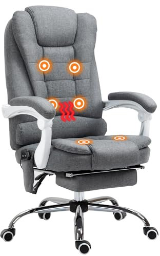 Vinsetto Fauteuil de Bureau massant et Chauffant, Chaise de Bureau, Chaise Ergonomique avec Hauteur réglable, Dossier inclinable et télécommande Filaire, pivotant à 360°, en Toile de Lin, Gris
