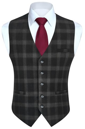 HISDERN Anzugweste für Herren Dunkel Grau Plaid Tweed Weste Formale Weste Herren für Hochzeit Business Party 4XL