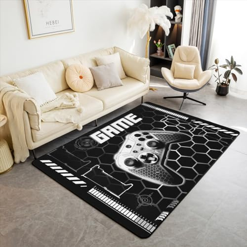 richhome Schwarz 3D Gamepad Bereich Teppich, Retro Gamer Gaming Wohnzimmer Teppiche für Kinder Teens Erwachsene, Waben Hexagon Antirutsch Teppich für Indoor Outdoor 100x150