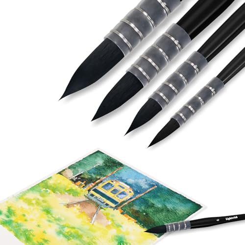 Lightwish 4 Pcs Watercolour Brushes Set, Synthetic Hair Pointed Round Mop Brushes for Watercolour, Gouache & Acrylic, Fine Detailing for Artists & Beginners (Sizes 2,4,6,8)