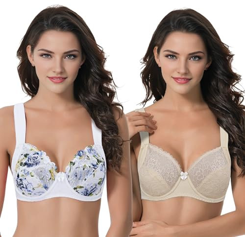 Curve Muse Reggiseno in Pizzo con Ferretto Sfoderato Taglie Forti con Spallacci Imbottiti-Confezione da 2-Cream,Nude-3D