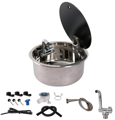 Camping Wohnmobil Reisemobil Spüle, Spüle Edelstahl, Kleine Außenküchenspüle, Komplettset mit Spüle, Abdeckung, Wasserhahn und Sieb (Color : Round)