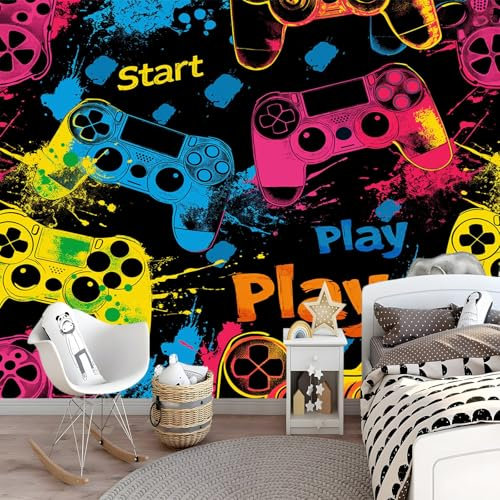 Wall Mural Colorful Video Game Controller - 300 x 210 cm Game Party Photo Wallpaper for Boys' Bedroom, Living Room, Playroom, Nursery, Teen Room, Kids' Photo Mural Wall Art