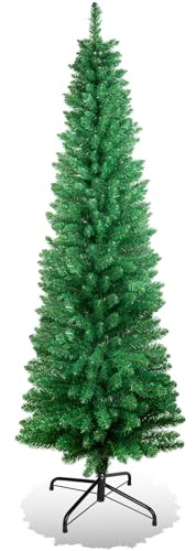 Cliselda 7ft Artificial Slim Christmas Tree 650 Branches Tips | 2.1m Green Pencil Christmas Tree with Foldable Metal Stand, Holiday Christmas Decorations, Easy Assembly